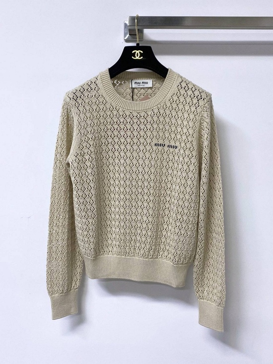 .Miu Miu® Sweaters - Miu Miu Cream Crochet Hollow Knit Round Neck Designer Sweater